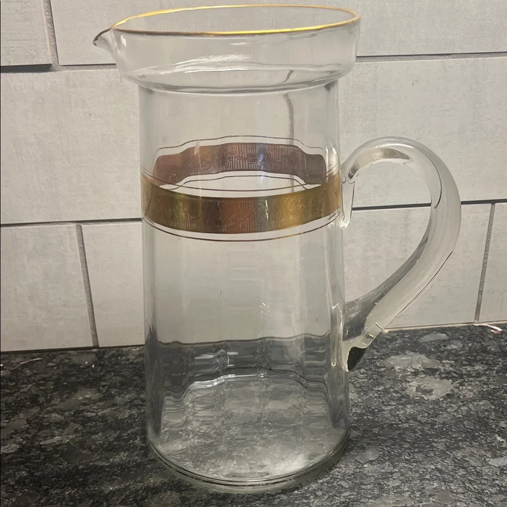 Elegant Vintage 9” Clear Glass Pitcher Gold Accents. Great for ice tea or juice